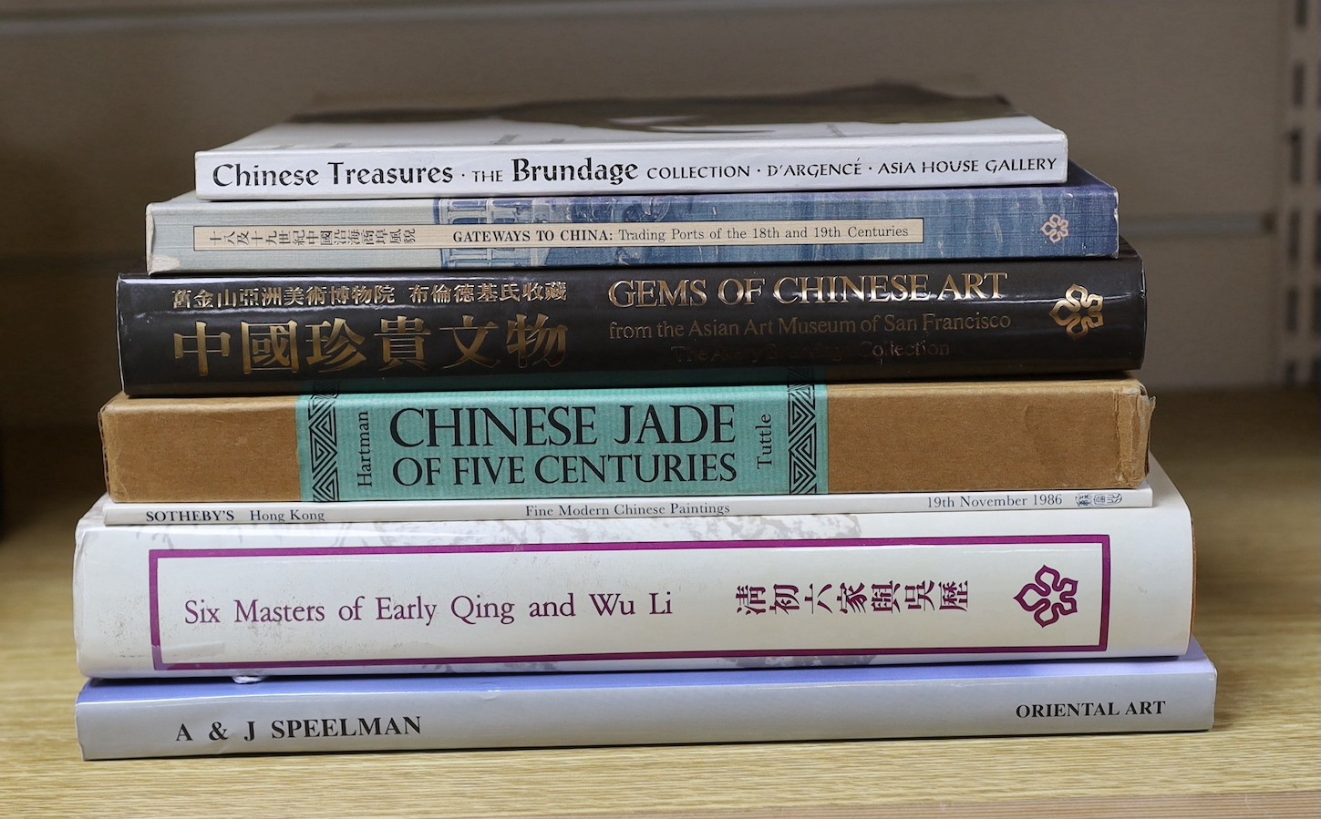A collection of reference books on Chinese paintings, works of art and jade, including Chinese Jade of five centuries, Chinese Treasures the Brundage collection, six Masters of early Qing and Wuli etc.